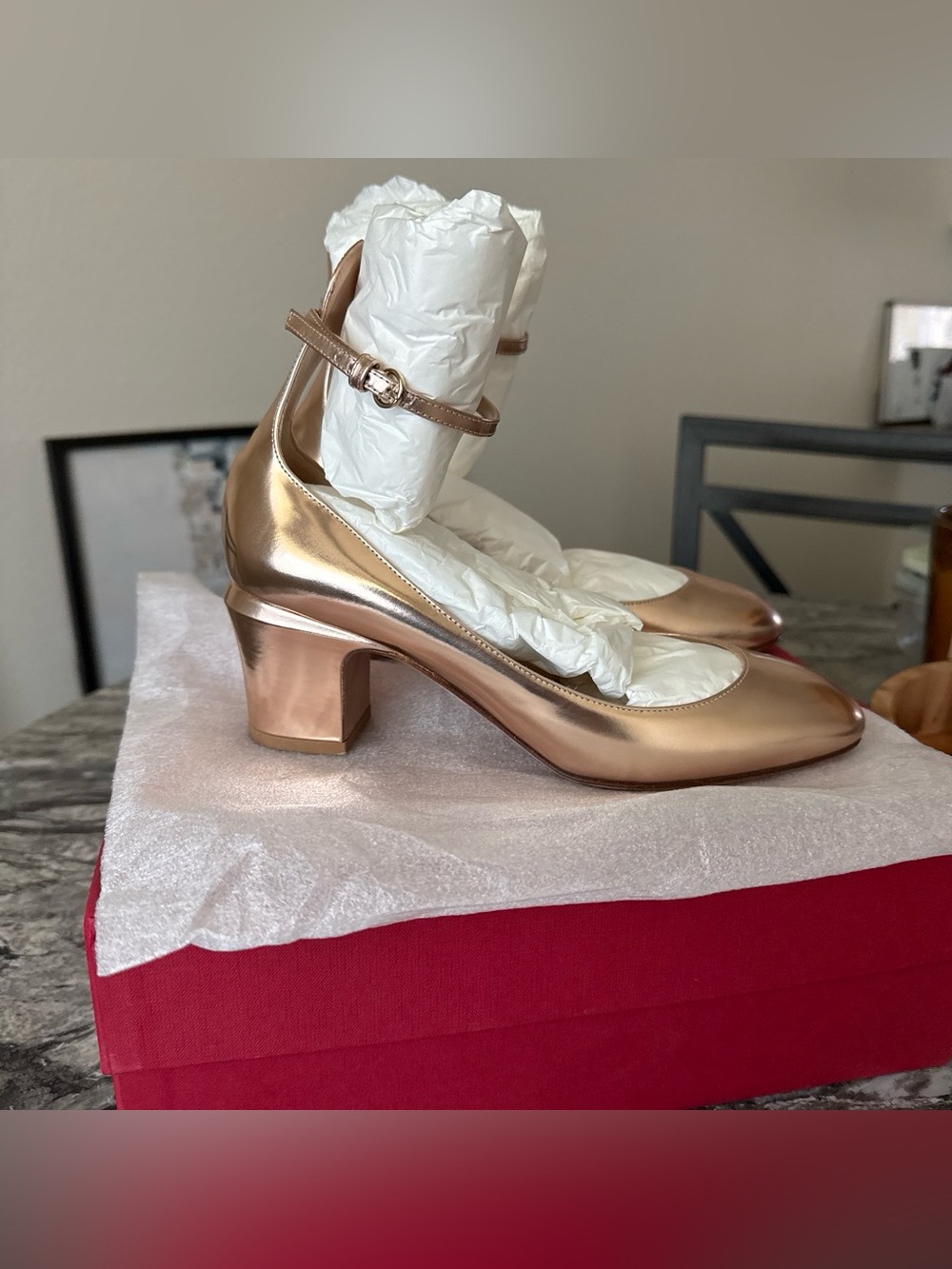 Valentino Garavani Metallic Rose Gold Mary Jane Block Heel